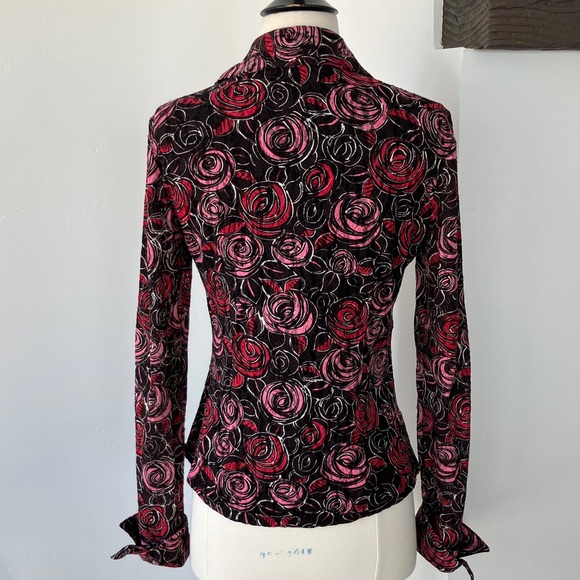 Vintage INC Black Pink Red rose lace Floral Button Down Shirt - Picture 2 of 6